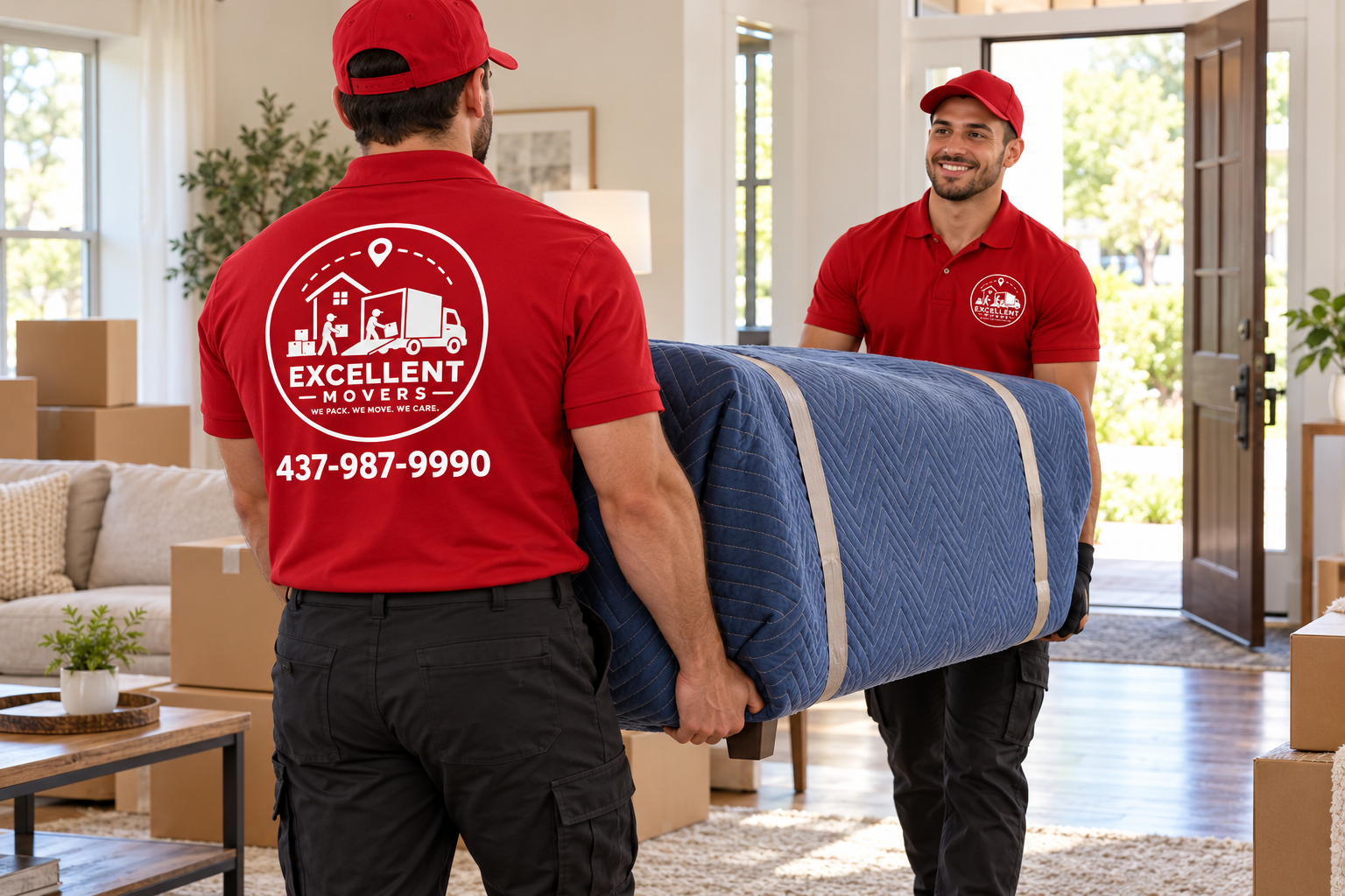 Movers carefully carrying a sofa into a home