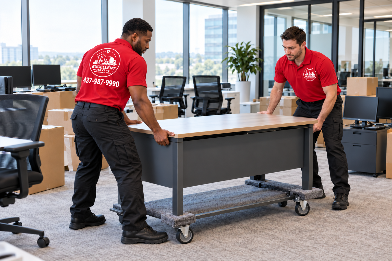 Office movers carefully transporting furniture