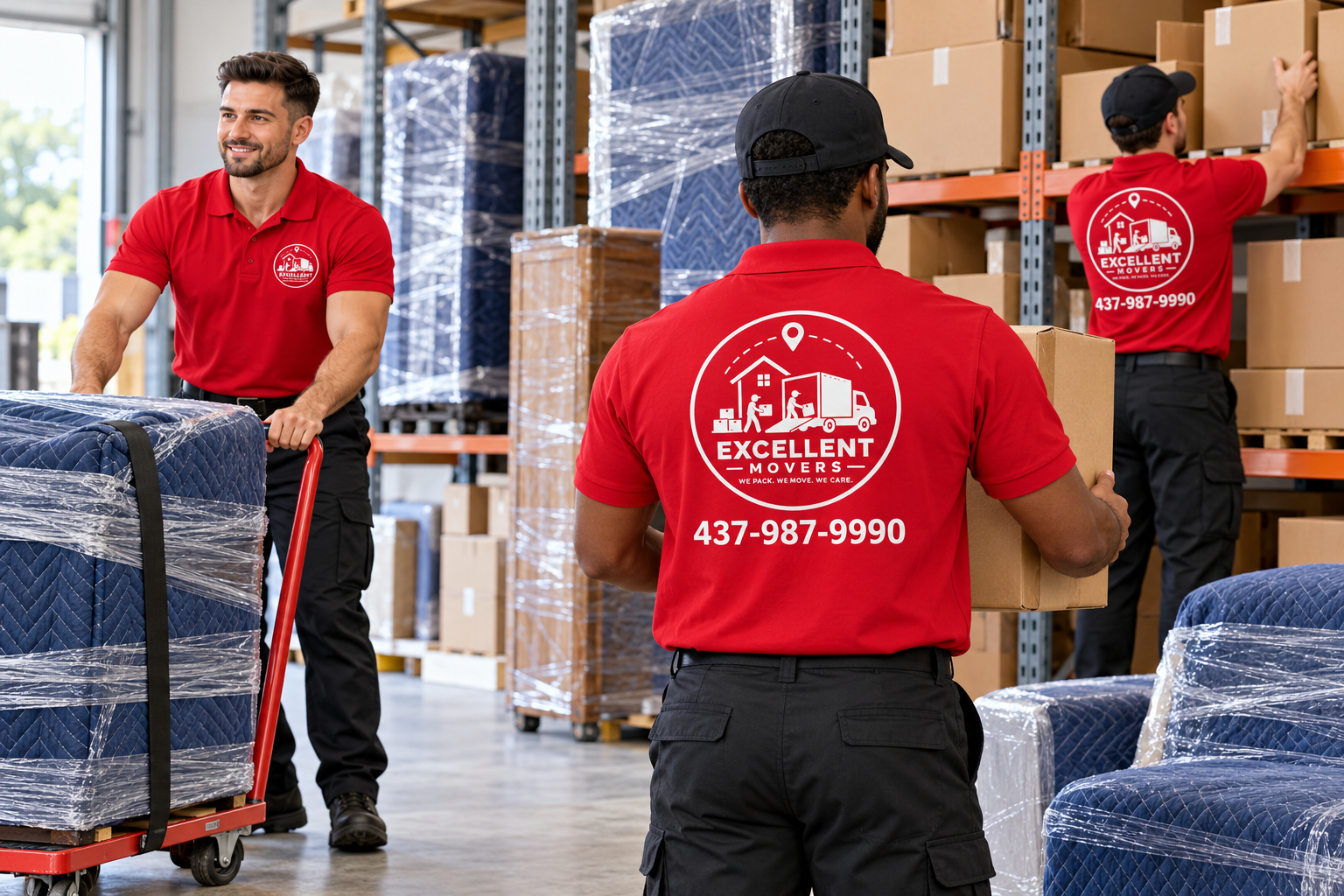 Movers organising boxes and furniture in a storage warehouse